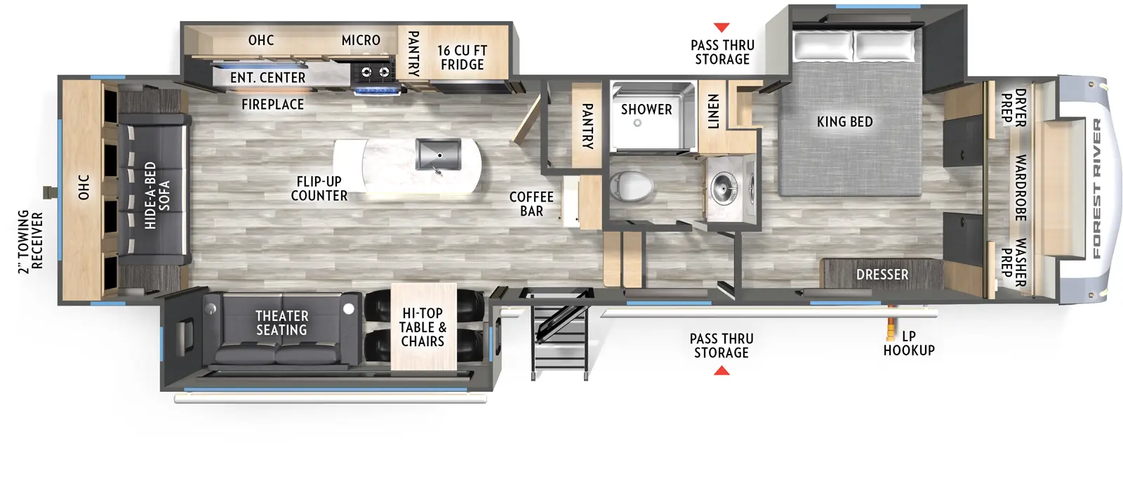 The Cardinal 32LIVE floorplan has one entry and three slide outs. Exterior features include: fiberglass exterior and 15' & 11' awning. Interiors features include: kitchen island, front bedroom and rear living.